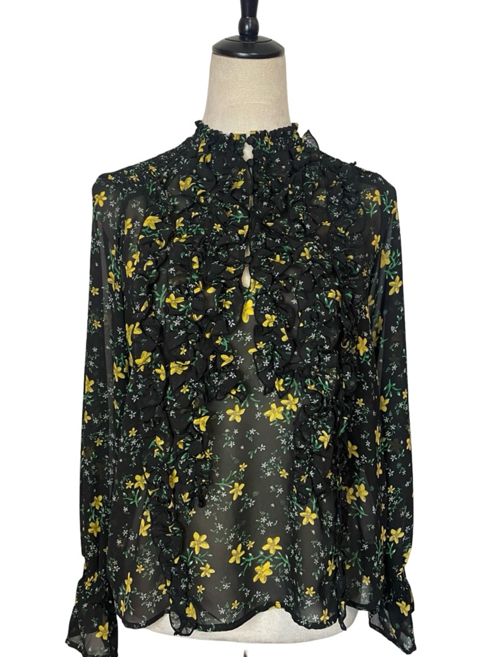 Zara Sheer Black Ruffle Blouse with Yellow Floral Print